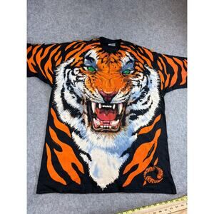 VINTAGE Liquid Blue Shirt Mens Black Orange Tiger Face All Over Print USA Tee XL